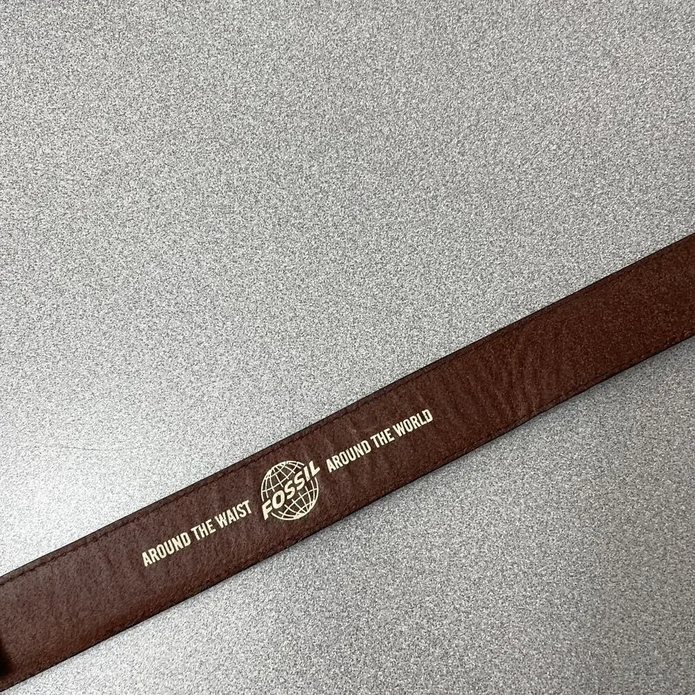 Fossil Brown Leather Belt Mens 38 Silver Buckle Woven 1.25